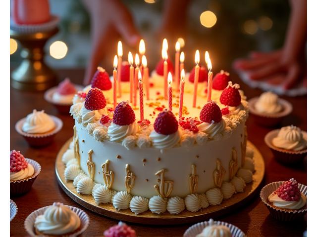Gâteau d'anniversaire magnifiquement décoré, bougies allumées, ambiance de fête