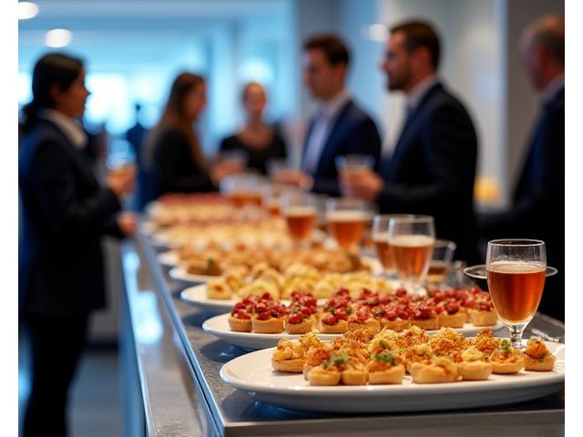 Conférence d'entreprise avec un buffet élégant, employés en discussion
