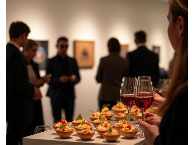 Vernissage d'art élégant, invités observant des œuvres tout en appréciant des canapés gastronomiques