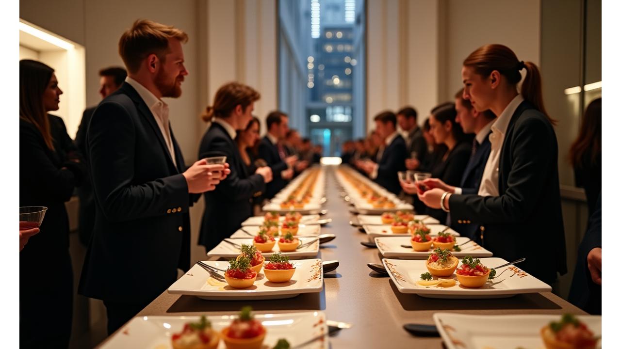 Cocktail d'entreprise raffiné avec amuses-bouches créatifs et invités réseautant