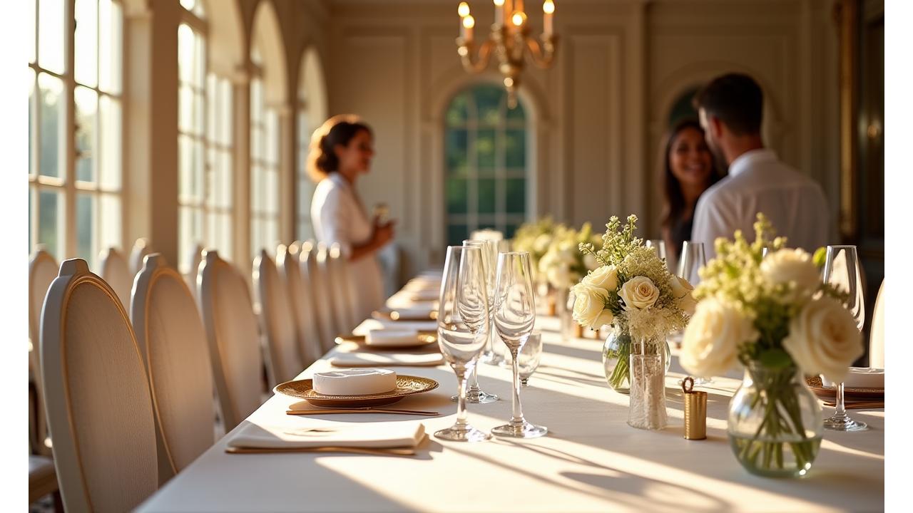 Réception de mariage élégante avec longue table dressée et fleurs, dans un cadre somptueux
