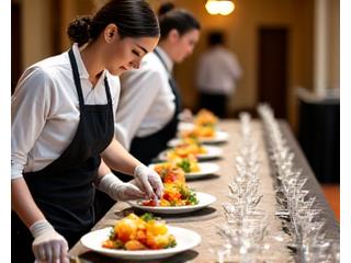 Personnel de traiteur installant une élégante table de buffet avec des plats