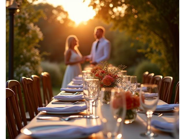 Jeunes mariés riant, tables élégamment dressées pour un mariage en plein air