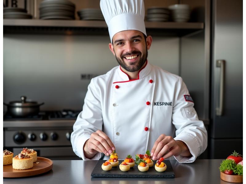 Chef en toque blanche présentant un plateau de dégustation de petits fours gastronomiques variés