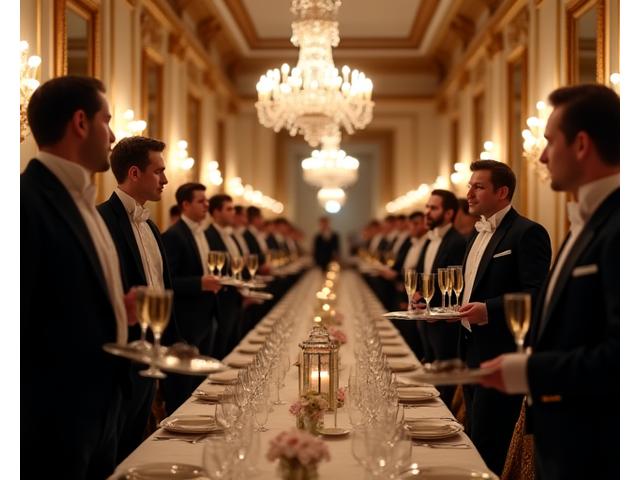 Réception officielle formelle dans un grand salon, personnel en uniforme servant des plats raffinés