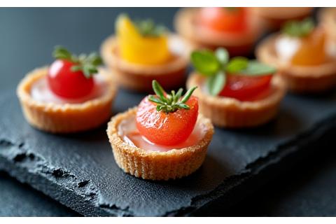 Détail de mini-quiches et verrines gastronomiques sur un plateau lors d'un cocktail