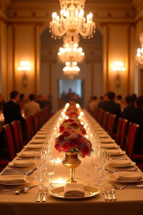 Salle de gala magnifiquement décorée avec chandeliers et tables circulaires illuminées
