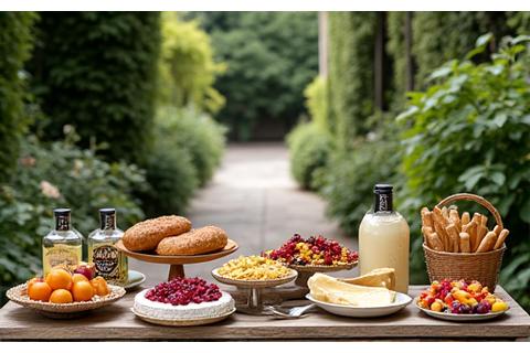Buffet champêtre chic dans un jardin à la française, avec des paniers de fruits frais et fromages