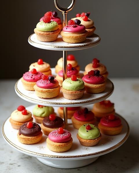 Assortiment de pâtisseries individuelles colorées et artistiques sur un présentoir multi-niveaux