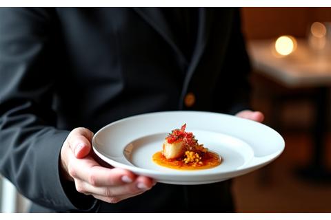 Serveur souriant habillé en livrée présentant une assiette gastronomique artistique