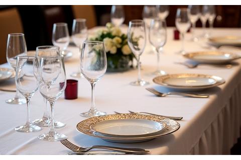 Table de dîner gastronomique dressée avec vaisselle fine, verres à vin et décoration florale