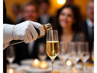 Personnel de service en livrée noire servant des coupes de champagne lors d'une réception