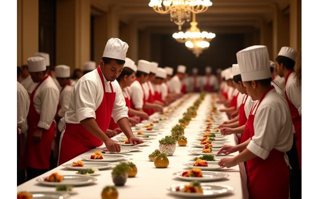 Une équipe de traiteurs professionnels préparant un événement gastronomique haut de gamme