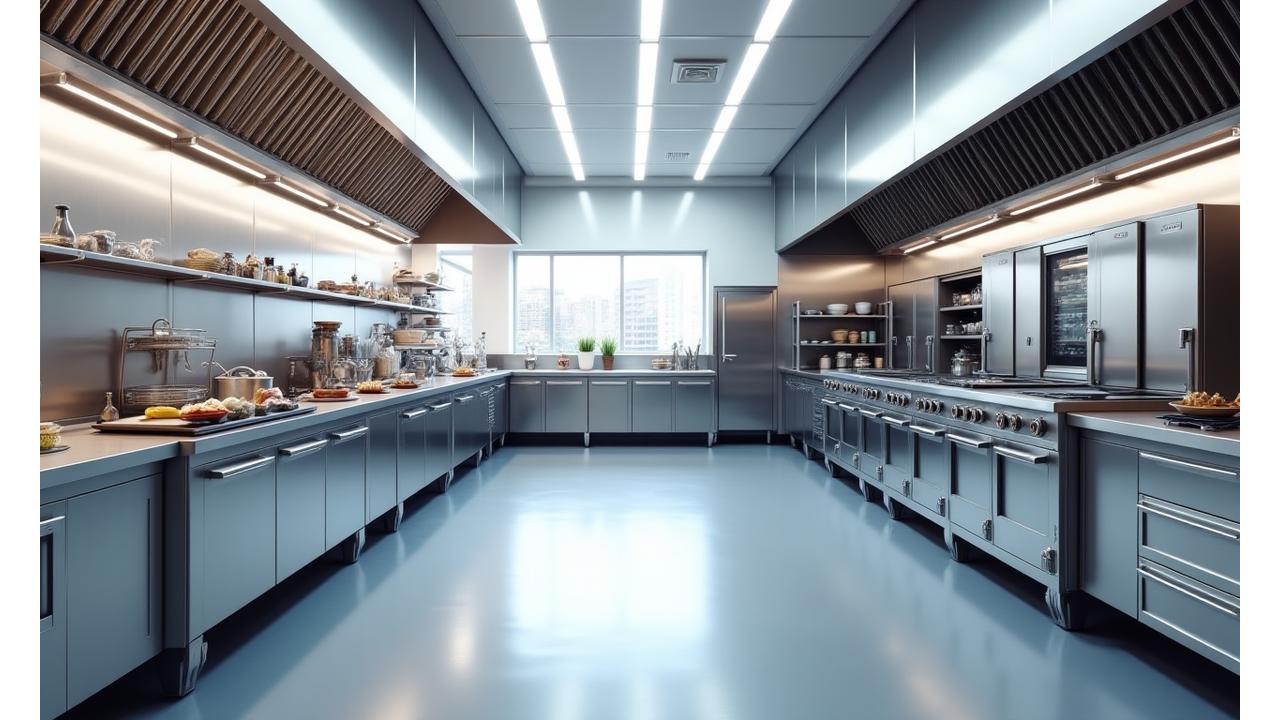 Vue intérieure de la cuisine professionnelle de Fleuronne Gastronomie