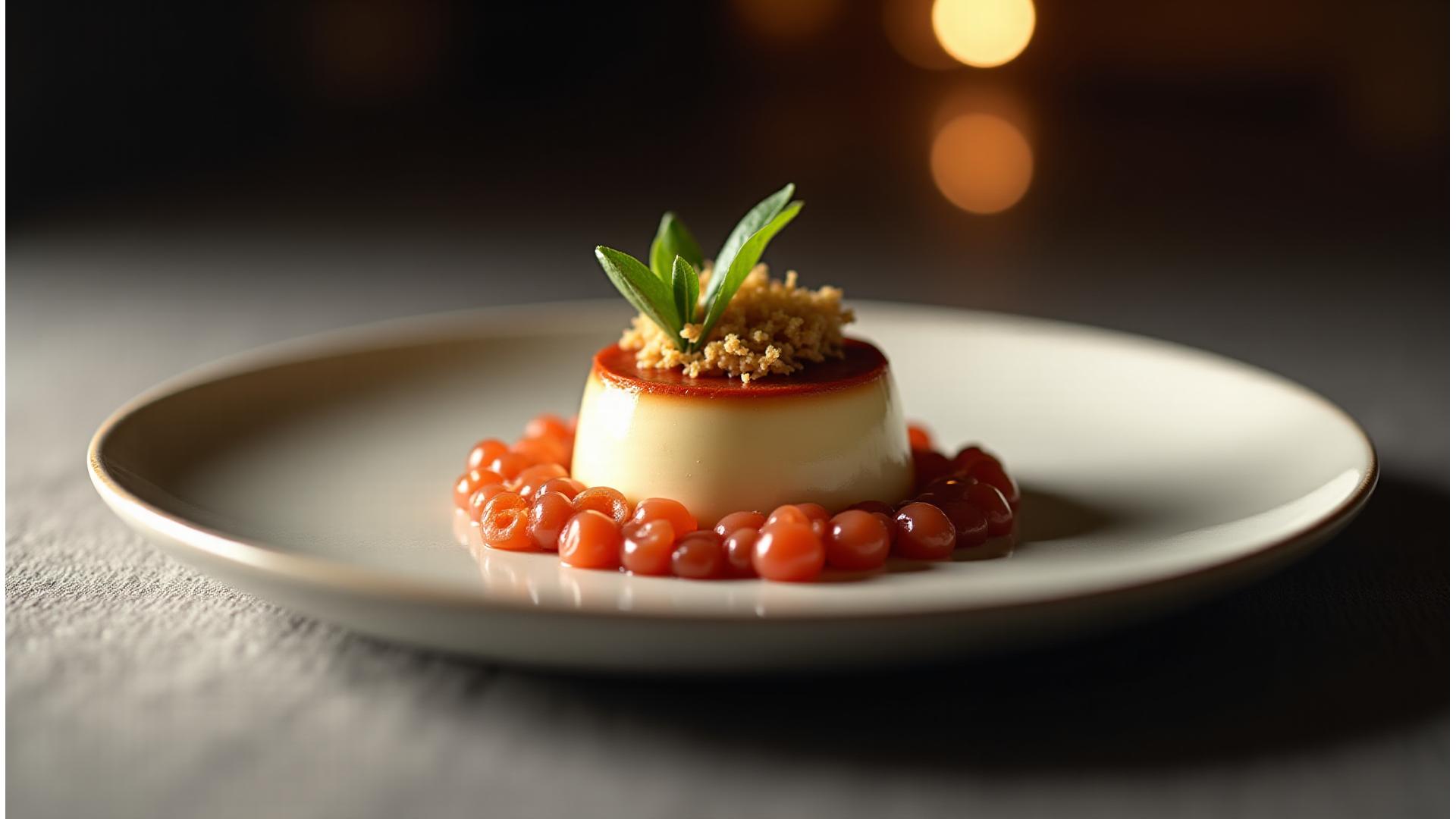 Plat gastronomique superbement photographié, mise en scène élégante et lumière douce