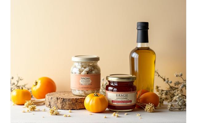 Photographie de produits alimentaires gourmets, emballages élégants et présentation studio