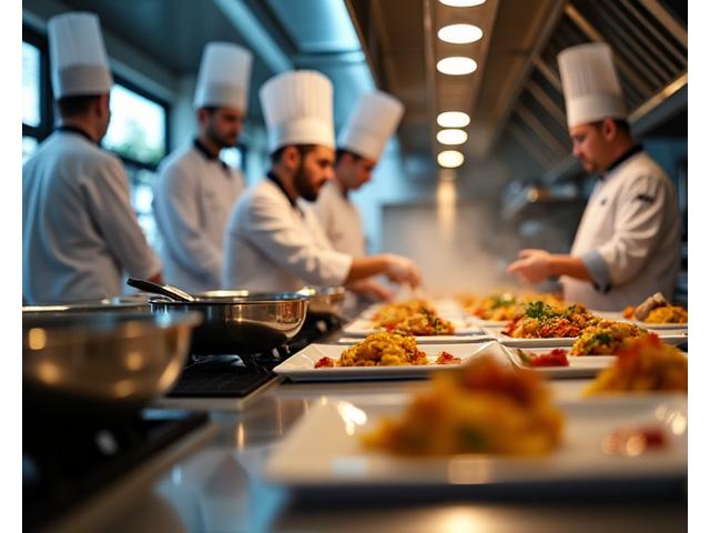 Reportage photo d'une équipe de cuisine gastronomique en plein service, dynamisme et concentration