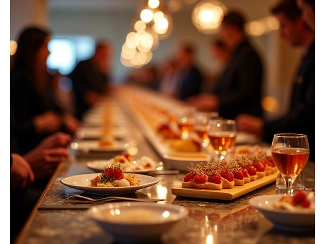 Photographie d'un événement culinaire ou d'un lancement de produit gastronomique, invités et présentation élégante