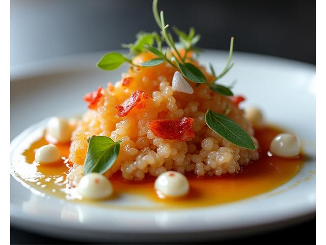 Photographie détaillée d'un plat de haute cuisine, garnitures fines et cuisson parfaite
