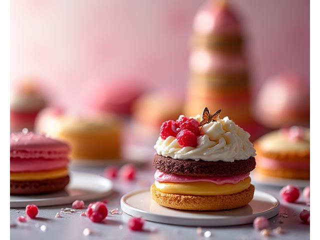 Photographie artistique de pâtisseries complexes et desserts raffinés, textures et couleurs vives