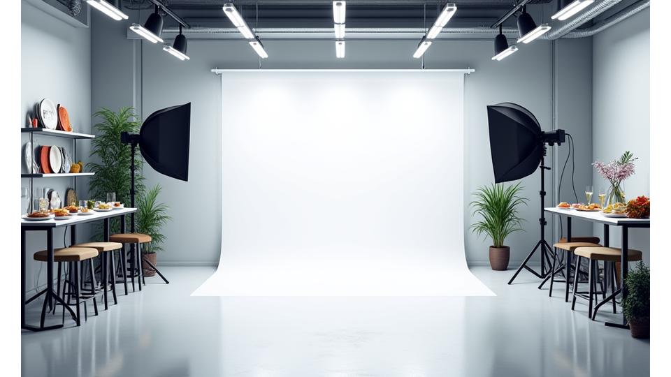 Vue d'un studio de photographie culinaire moderne avec éclairages et équipements professionnels