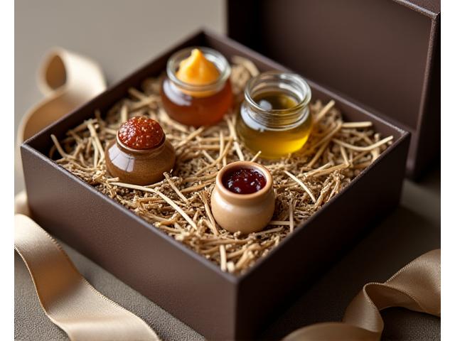 Coffret cadeau rectangulaire ouvert, révélant plusieurs produits gourmet Fleuronne miniatures : une petite bouteille d'huile d'olive aromatisée, une terrine miniature, et un petit pot de confiture, sur lit de paille de bois. Un ruban de soie marron entoure le coffret.