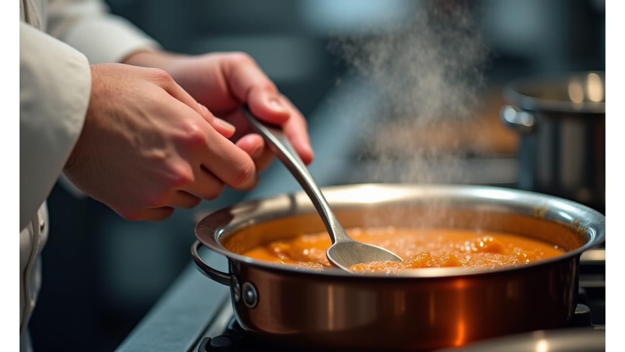 Gros plan d'un chef dans une cuisine professionnelle, inspectant la texture d'une sauce fraîchement préparée dans une casserole avec une cuillère, la vapeur s'échappant délicatement. Focus sur les mains et la sauce.