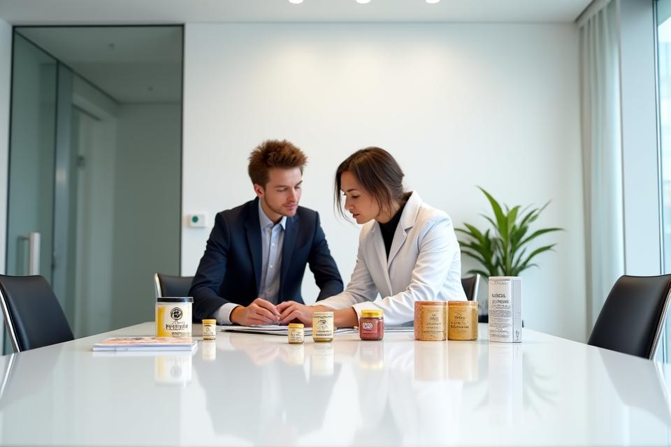 Deux personnes, une en costume, l'autre en blouse d'expert alimentaire, examinent attentivement des maquettes d'emballages de produits sur une table de réunion, entourées d'échantillons de produits. L'emballage présente un logo générique élégant. Symbole de partenariat et innovation.