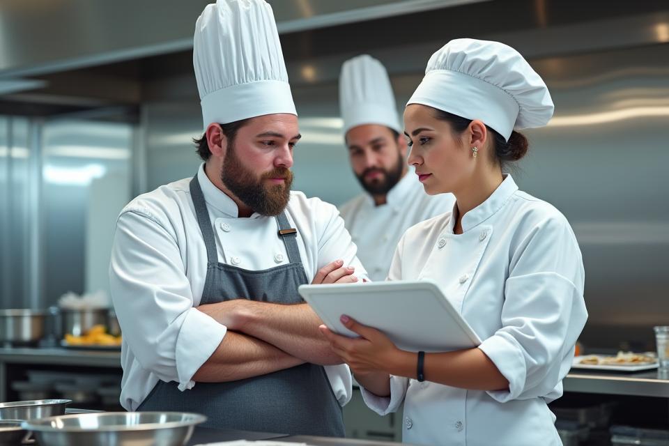 Un chef en veste blanche échange avec un responsable de restaurant devant un tableau blanc où sont esquissées des idées de recettes et des graphiques de processus, symbolisant une collaboration culinaire. Ambiance de cuisine moderne et créative.