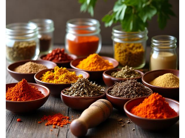 Bocaux d'épices artisanales aux couleurs variées, mélangeurs en bois et bols de dégustation, l'accent est mis sur la texture et les arômes des épices exotiques et locales.