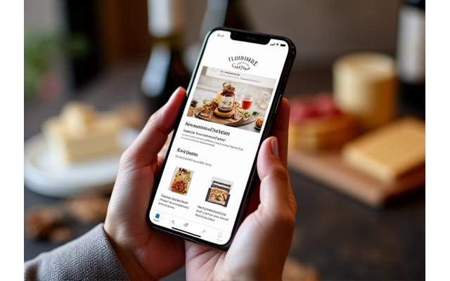 Main tenant un smartphone avec une interface de boutique en ligne élégante affichant les produits Fleuronne Gastronomie. Arrière-plan flou de produits gourmands et d'accessoires de cuisine.