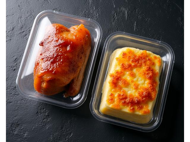 Deux plats cuisinés gastronomiques emballés de manière sous vide, l'un un confit de canard, l'autre un gratin dauphinois, présentés sur une surface sombree et texturée, prêts à être réchauffés.