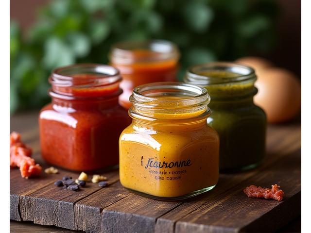 Collection de petits pots en verre élégants remplis de sauces et condiments artisanaux aux couleurs vives sur un fond rustique en chêne. Mentions 'Fleuronne Signature'.