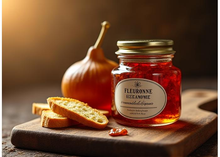 Pot en verre élégant de confit d'oignon aux figues, d'une couleur ambre foncée, avec une étiquette artisanale 'Fleuronne Gastronomie'. Accompagné de tranches de foie gras poêlé et de petits toasts croustillants sur une planche à découper en bois.