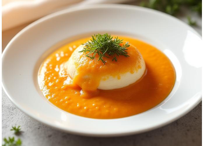 Image d'une quenelle de brochet lyonnaise traditionnelle, dorée au four, accompagnée d'une sauce Nantua riche et crémeuse, saupoudrée d'herbes fraîches. Présentée élégamment dans une assiette en porcelaine blanche.