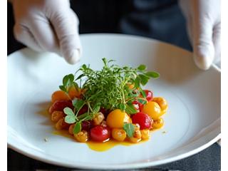 Chef Fleuronne Gastronomie dressant un plat élégant