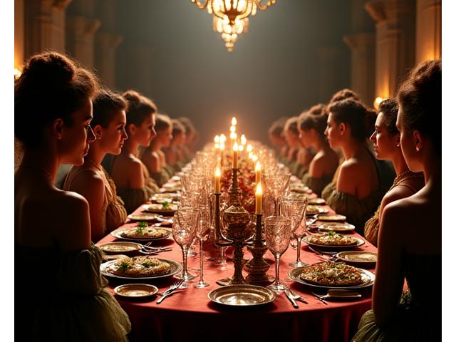 Table de banquet médiévale avec plats régionaux