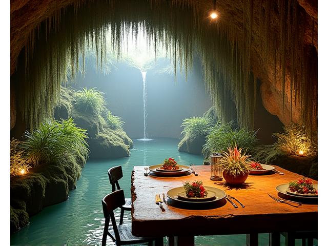 Restaurant souterrain avec des racines suspendues et des éléments naturels