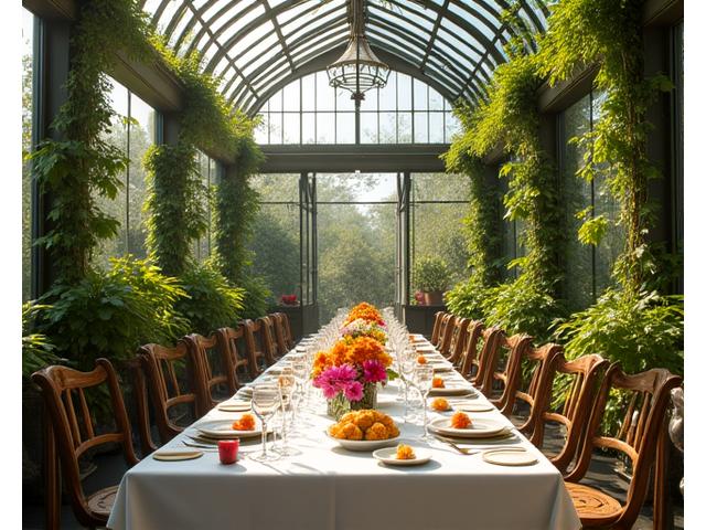 Dîner fleuri printanier dans une serre botanique à Lyon