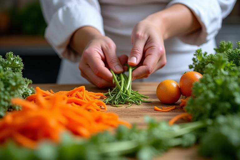 Chef de cuisine valorisant des légumes dans une cuisine professionnelle, illustration de la lutte anti-gaspillage