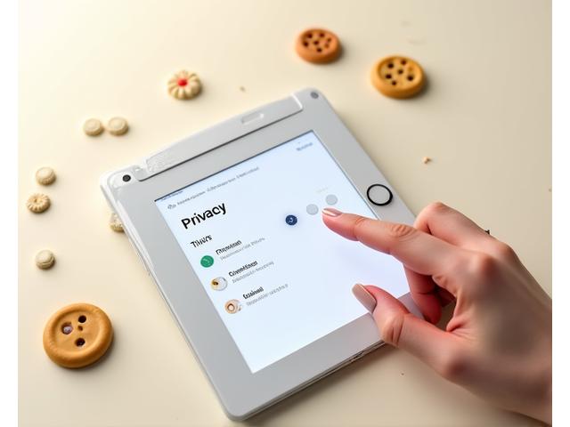 Illustration d'une main ajustant des paramètres de confidentialité sur un écran, avec des icônes de cookies stylisées
