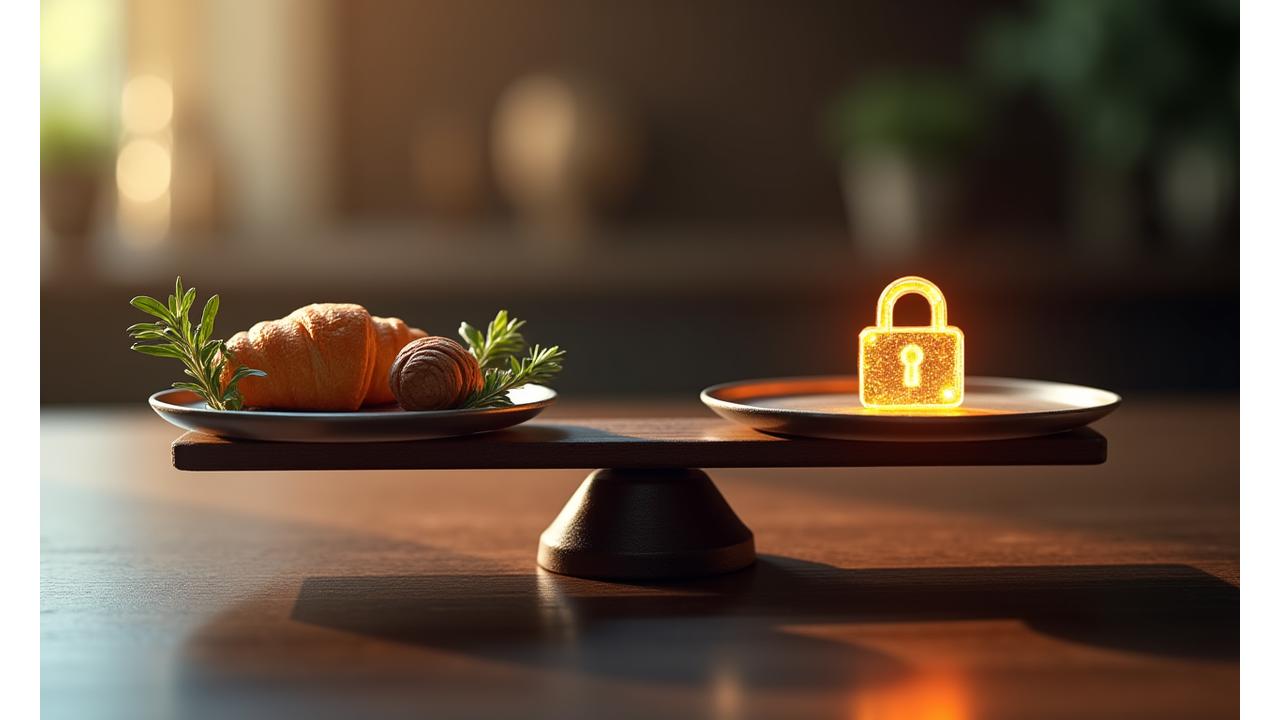 Illustration représentant l'équilibre entre la justice et la protection des données dans le contexte gastronomique