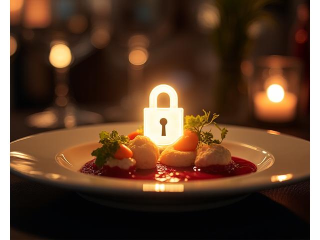 Illustration d'un cadenas numérique et d'un plat gastronomique, symbolisant la sécurité des données dans la cuisine fine